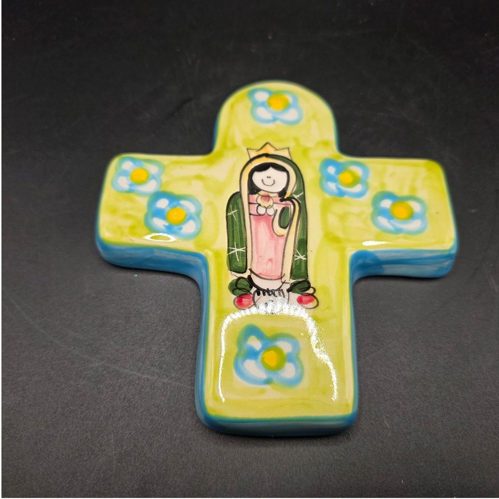 Signed Hand Painted Ceramic Our Lady of Guadalupe Wall Cross Folk Art Floral 5in